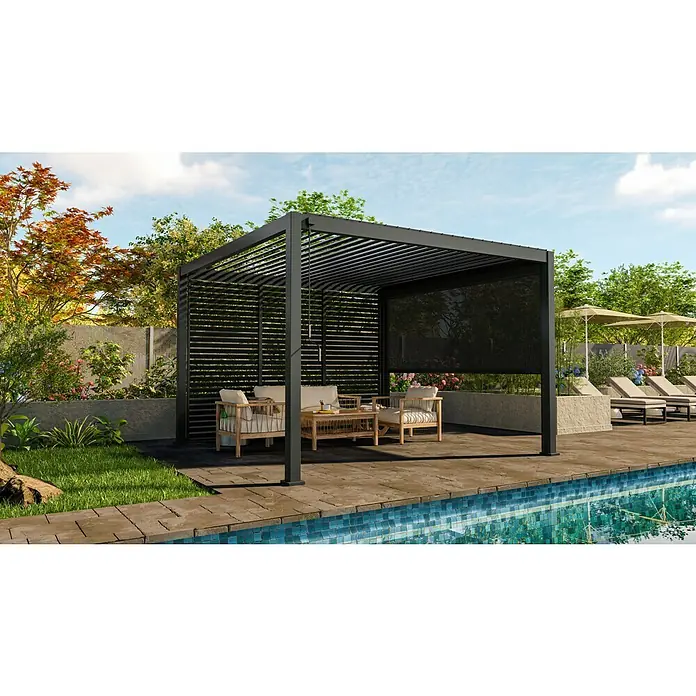 Sorara Pergola Smart LED - B x T: 400 x 300 cm, Farbe Gestell: Anthrazit, Aluminium - Pergola neben dem Pool mit stilvollen Gartenmöbeln und heruntergelassenem Rollo für Privatsphäre und Schatten.