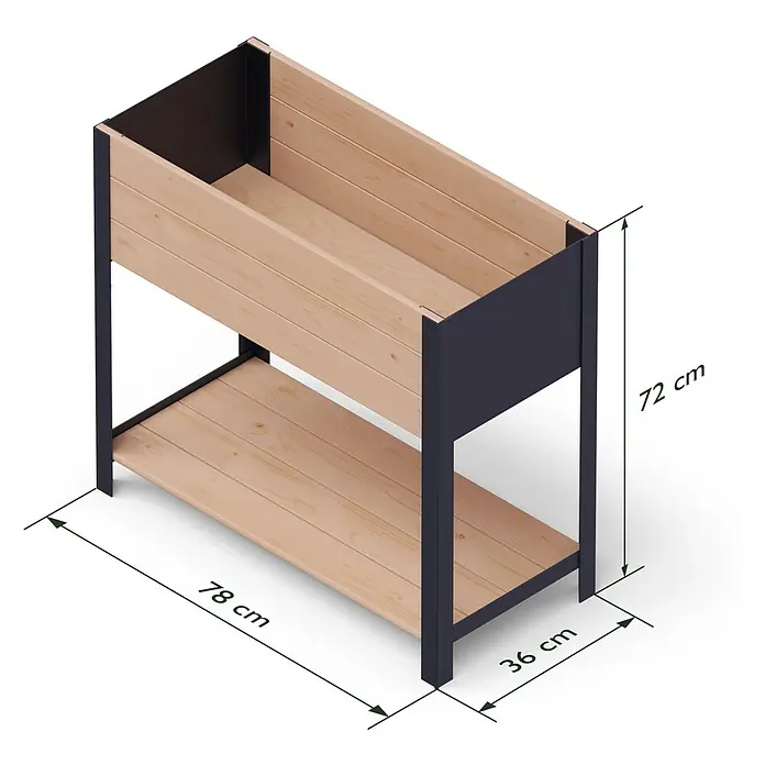 Upyard Hochbeet Modernbox hoch - 78 x 36 x 72 cm, Holz, Braun/Schwarz - Bild eines Hochbeets aus hellem Holz mit dunklem Metallrahmen, mit den Maßen 78 cm Länge, 36 cm Breite und 72 cm Höhe.