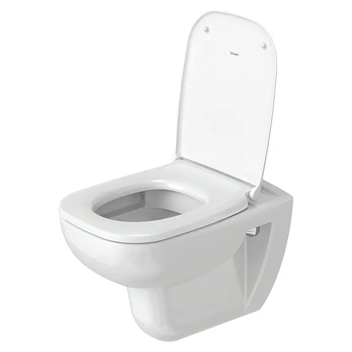 Duravit D-Code Wand-WC-Set - Spülrandlos, Ohne Spezialglasur, Spülform: Tief, WC Abgang: Waagerecht, Weiß - Hänge-WC von Duravit in strahlendem Weiß mit offenem Deckel, das moderne Design und Hygiene vereint. Perfekt für ein stilvolles Badezimmer.