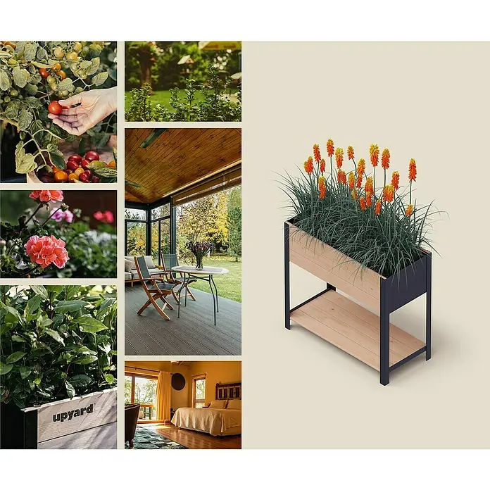 Upyard Hochbeet Modernbox hoch - 78 x 36 x 72 cm, Holz, Braun/Schwarz - Collage verschiedener Gartenmotive und eines stilvollen Hochbeets mit blühenden Fackellilien für den Außenbereich.