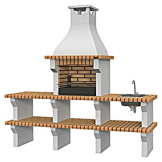 Barbacoa de obra Silves con mesa auxiliar y fregadero (Superficie parrilla: 60 x 38 cm, Marrón)