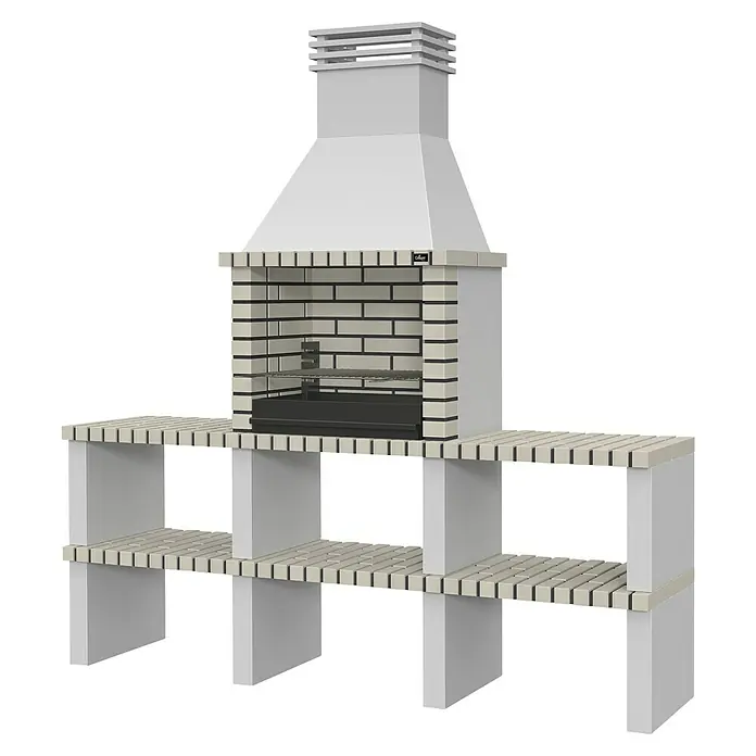 Collippo Alvor Barbacoa de obra con mesas auxiliares - An x Pr x Al: 220 x 47 x 224 cm, Superficie parrilla: 64 x 38 cm, Gris - Imagen de una cocina de parrilla exterior de ladrillo con estanterías. ¡Perfecta para barbacoas al aire libre!