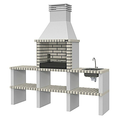 Collippo Alvor Barbacoa de obra con mesa auxiliar y fregadero (An x Pr x Al: 220 x 47 x 224 cm, Superficie parrilla: 64 x 38 cm, Gris)