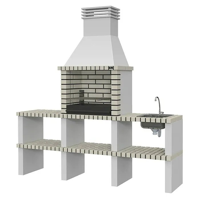 Collippo Alvor Barbacoa de obra con mesa auxiliar y fregadero - An x Pr x Al: 220 x 47 x 224 cm, Superficie parrilla: 64 x 38 cm, Gris - Imagen de una cocina exterior de obra con fregadero. Perfecta para barbacoas al aire libre.