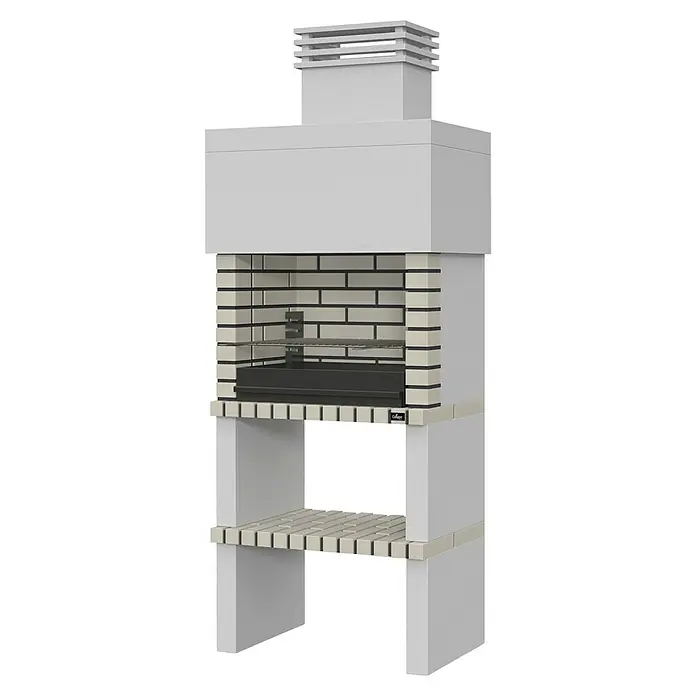 Collippo Barbacoa de obra Ericeira con mesa auxiliar - Superficie parrilla: 64 x 38 cm, Gris - Una imagen de una elegante chimenea para barbacoa al aire libre, con espacio de almacenamiento para leña integrado.