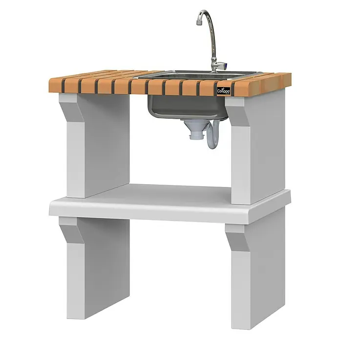 Collippo Sintra Mesa de barbacoa con fregadero para barbacoa - L x An x Al: 73 x 47 x 86 cm, Marrón - La imagen muestra un fregadero de cocina exterior moderno con una encimera de madera y una base blanca. Ideal para el jardín.