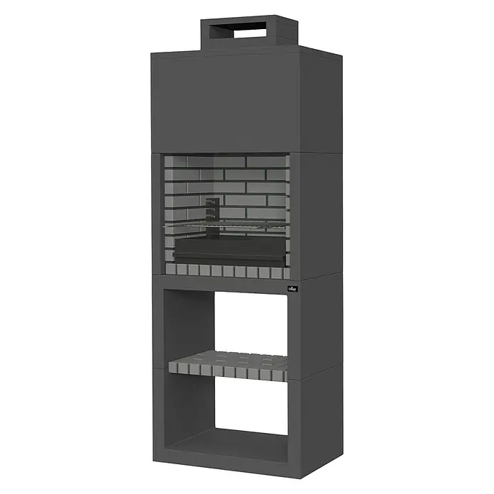 Collippo Maia Barbacoa de obra - An x Pr x Al: 77,5 x 43,5 x 205 cm, Superficie parrilla: 58 x 34 cm, Negro - Imagen de una elegante chimenea para parrilla exterior gris con estanterías, perfecta para asados al aire libre.