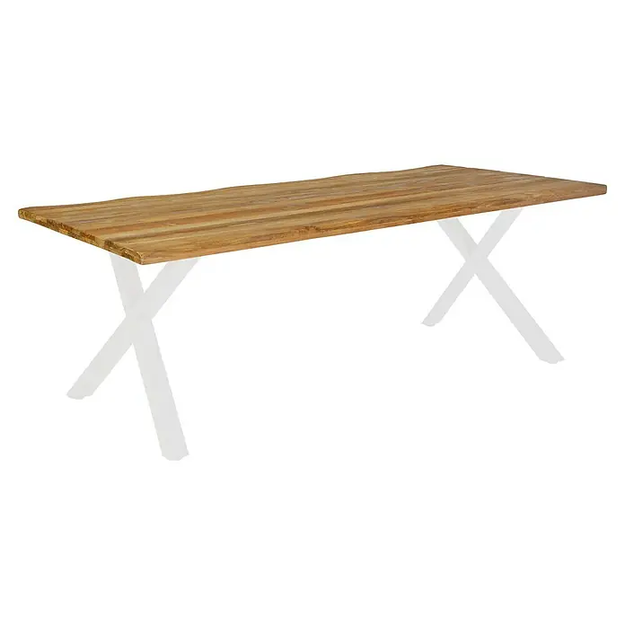 Sunfun Garten-Tischplatte - L x B: 220 x 100 cm, Teak, Baumkante - Dieser Tisch besticht durch seine massive Holzplatte und das moderne X-förmige Metallgestell. Ein Hingucker für jedes Zuhause.