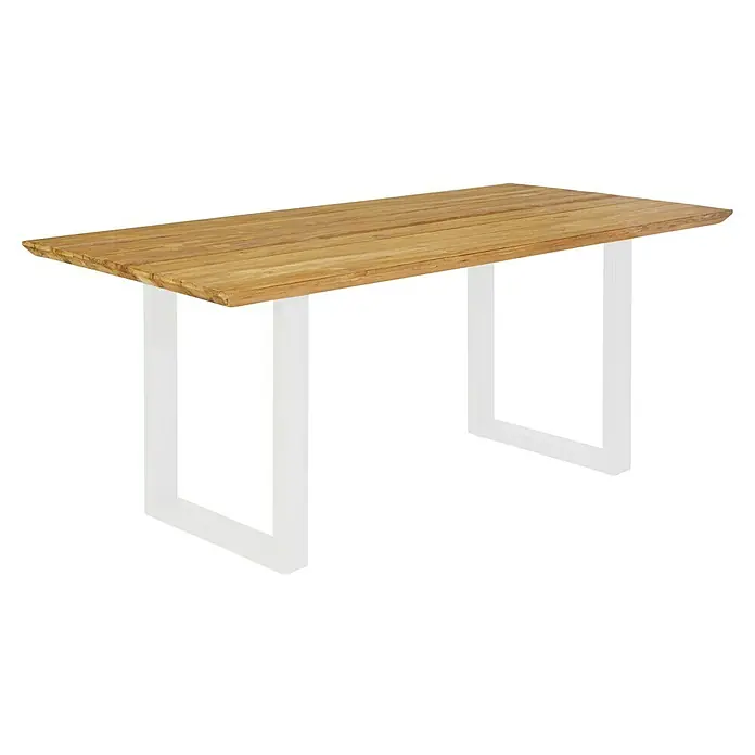 Sunfun Pauline Gartenmöbel-Set - 6 -tlg., Schweizer-Kante/X-Gestell, Teak/Edelstahl/Akazie, Teak/Grau/Braun - Der Holztisch mit Metallgestell ist ein modernes Möbelstück. Das warme Holz und das kühle Metall bilden einen attraktiven Kontrast.
