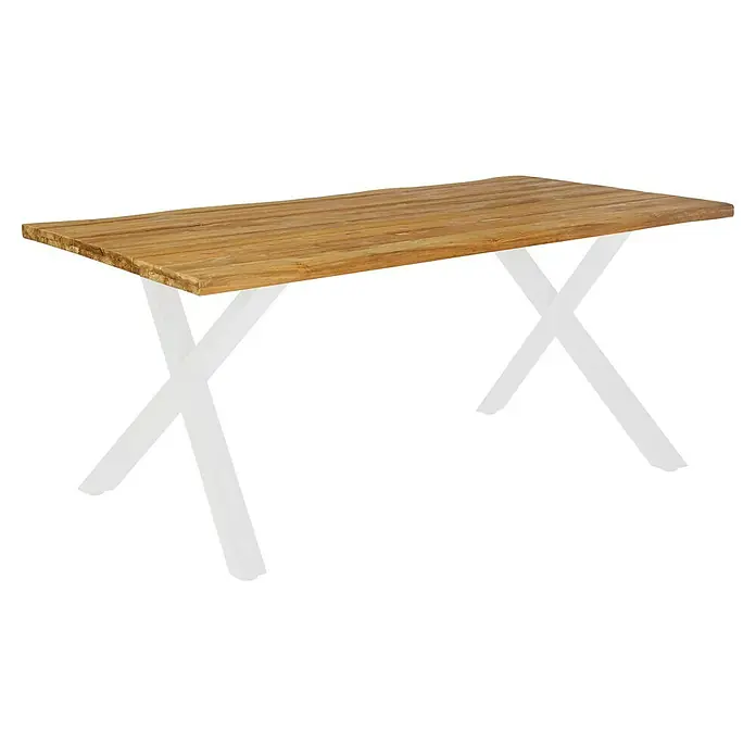 Sunfun Gartenmöbel-Set Eva - 6 -tlg., Baumkante/X-Gestell, Teak/Edelstahl/Rattan, Teak/Grau/Naturbraun - Hölzerner Esstisch mit markanter Maserung und einem modernen, schwarzen X-förmigen Metallgestell, das Stabilität und Stil vereint.
