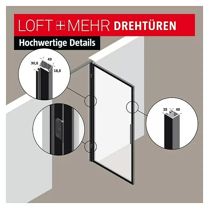 Room Plaza Loft + Mehr Drehtür-Komplettset - 750 x 2.130 mm, DIN Anschlag: Rechts, Klarglas - Schwarz gerahmte Glas-Drehtür mit detaillierten Profilabmessungen (z.B. 30,8x49, 35x40) und Scharniermechanismus.