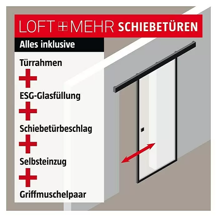 Room Plaza Loft + Mehr Schiebetür-Komplettset - 940 x 2.060 mm, Satiniertes Glas - Moderne Schiebetür mit Glasfüllung und Inklusivpaket: Rahmen, ESG-Glas, Beschlag, Selbsteinzug und Griffmuscheln.
