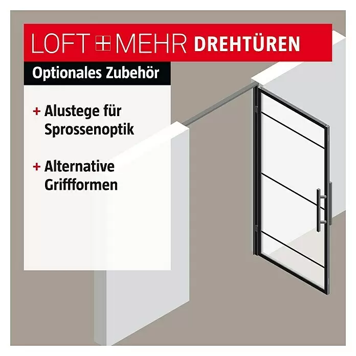 Room Plaza Loft + Mehr Drehtür-Komplettset - 750 x 2.130 mm, DIN Anschlag: Rechts, Klarglas - Drehtür mit schwarzem Rahmen, Glas, Sprossenoptik und silbernen Griffen. Optionales Zubehör: Alustege und alternative Griffformen.
