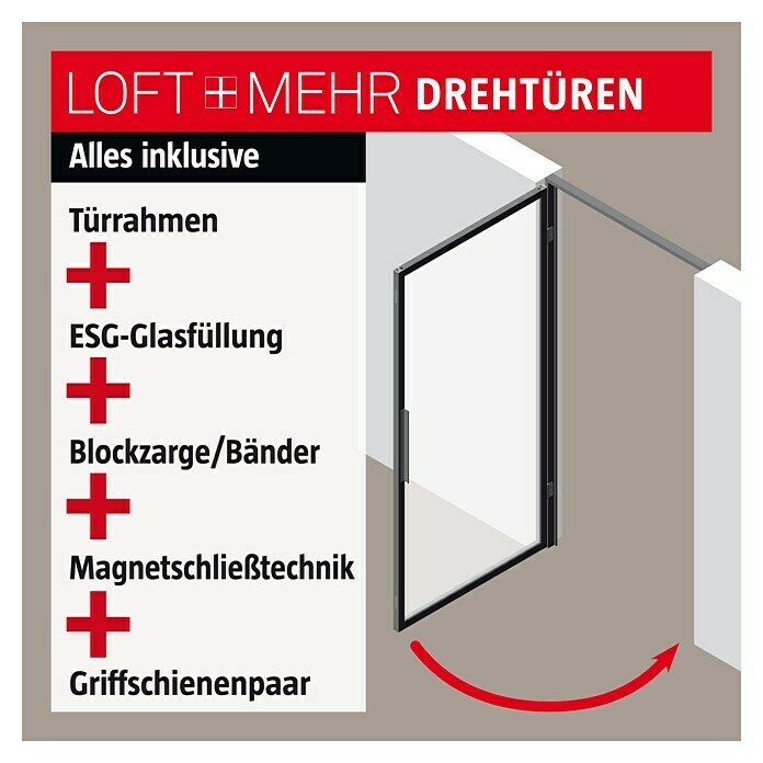 Room Plaza Loft + Mehr Drehtür-Komplettset 00/01 (750 x 2.005 mm, Links, Klarglas) | BAUHAUS