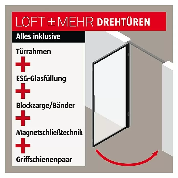 Room Plaza Loft + Mehr Drehtür-Komplettset - 1.000 x 2.130 mm, DIN Anschlag: Links, Klarglas - Moderne Drehtür mit dunklem Rahmen und Glasfüllung. Produkt beinhaltet Rahmen, ESG-Glas, Blockzarge/Bänder, Magnetschloss und Griffschienen.
