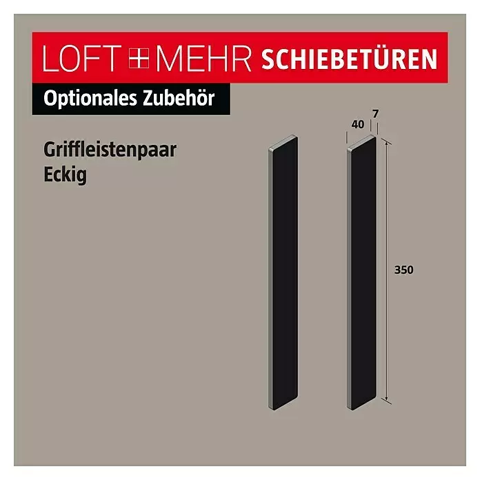 Room Plaza Loft + Mehr Griffleisten-Set - Schwarz matt, 350 x 40 mm, Eckig - Schwarzes eckiges Griffleistenpaar (350x40x7mm) für Schiebetüren. Optionales Zubehör.