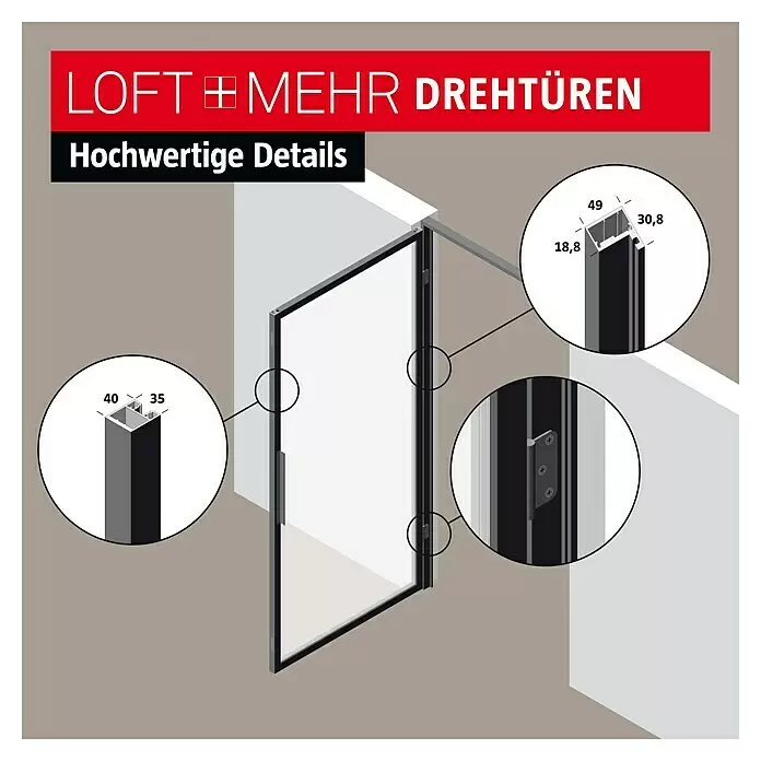 Room Plaza Loft + Mehr Drehtür-Komplettset - 1.000 x 2.130 mm, DIN Anschlag: Links, Klarglas - Schwarz gerahmte Glas-Drehtür mit hochwertigen Alum.-Profilen, zeigt Maße (40x35mm, 49x18.8/30.8mm) und Scharnierdetails.