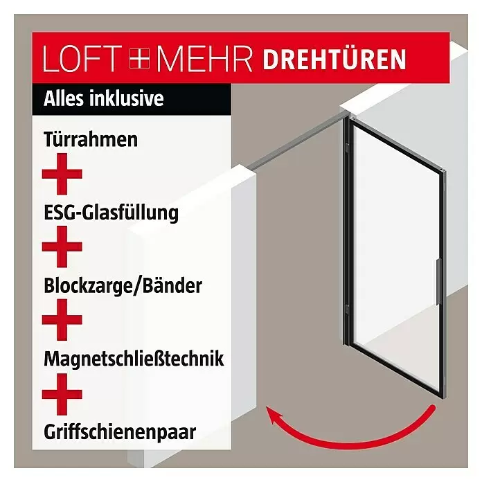 Room Plaza Loft + Mehr Drehtür-Komplettset - 750 x 2.130 mm, DIN Anschlag: Rechts, Klarglas - Dunkel gerahmte Glas-Drehtür mit Griffstange, mit Pfeil für Öffnungsrichtung. Text listet inklusive Komponenten auf.