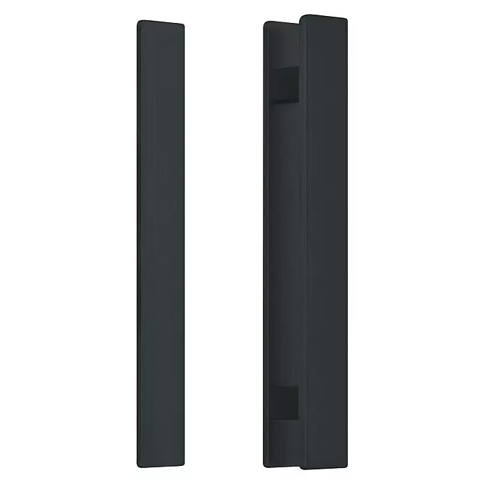 Room Plaza Loft + Mehr Griffstange / Griffleiste - Schwarz matt, 350 x 40 mm, Eckig - Zwei dunkle, rechteckige Profile aus gebürstetem Metall, eines mit sichtbarer Seitenverkleidung und Detail.
