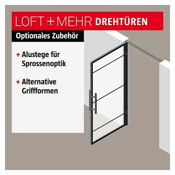 Room Plaza Loft + Mehr Drehtür-Komplettset - 1.000 x 2.130 mm, DIN Anschlag: Links, Klarglas - Loft-Stil Drehtür mit schwarzem Rahmen, Glasfüllung, Querstegen und Stangengriff. Optional sind Sprossenoptik und alternative Griffformen.