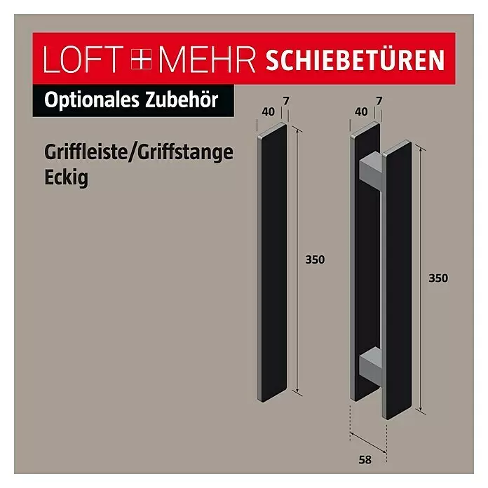 Room Plaza Loft + Mehr Griffstange / Griffleiste - Schwarz matt, 350 x 40 mm, Eckig - Zwei eckige, schwarz-graue Griffleisten für Schiebetüren, als Einzel- und Stangengriff.