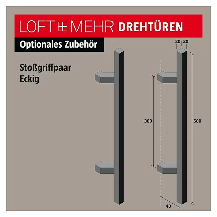 Room Plaza Loft + Mehr Stoßgriff-Set - Schwarz matt, 500 x 40 mm, Eckig - Paar dunkelgrauer eckiger Stoßgriffe für Türen. Maße: 500mm Gesamtlänge, 300mm Bohrabstand, 20x20mm Profil, 40mm Abstand zur Tür.