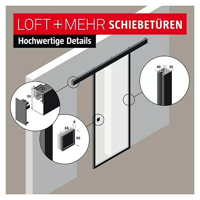 Room Plaza Loft + Mehr Schiebetür-Komplettset - 940 x 2.060 mm, Satiniertes Glas - Schwarz gerahmte Schiebetür mit weißem Glas, wandmontiert. Detaillierte Ansichten der schwarzen Laufschiene, des Türprofils und des grauen Griffs.