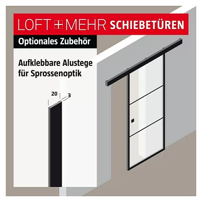 Room Plaza Loft + Mehr Klebesprosse - Schwarz matt, 1.000 x 20 x 3 mm - Schiebetür mit aufklebbaren Alustegen (20x3mm) für Sprossenoptik.