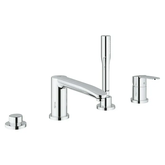 Grohe Eurostyle Badewannenrandarmatur - Chrom, Glänzend - Das Foto zeigt eine elegante Grohe Badezimmerarmatur mit vier Elementen, die sich durch ihr glänzendes Chromdesign auszeichnet.