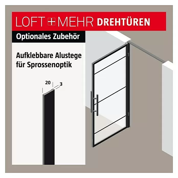 Room Plaza Loft + Mehr Klebesprosse - Schwarz matt, 1.000 x 20 x 3 mm - Schwarze Glas-Drehtür mit optionalen selbstklebenden Aluminiumstegen (20x3mm) für Sprossenoptik.