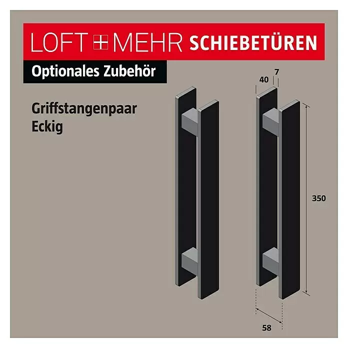Room Plaza Loft + Mehr Griffstangen-Set - Schwarz matt, 350 x 40 mm, Eckig - Paar eckiger, schwarzer Griffstangen mit grauen Befestigungsblöcken für Schiebetüren. Länge 350mm.
