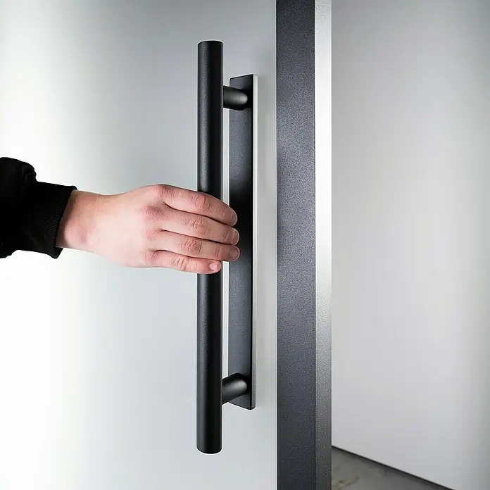 Room Plaza Loft + Mehr Griffstangen-Set - Schwarz matt, 400 x 25 mm, Rund - Nahaufnahme eines mattschwarzen Türgriffs an einer modernen Tür, der die schlichte Eleganz und Funktionalität des Designs hervorhebt.