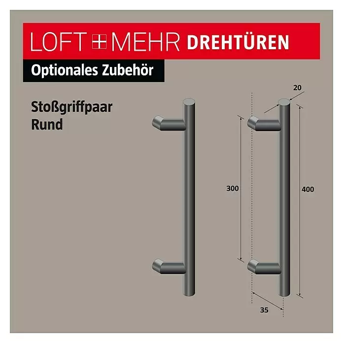 Room Plaza Loft + Mehr Stoßgriff-Set - Schwarz matt, 400 x 35 mm, Rund - Paar runde Türgriffe in dunklem Metall, mit Maßen von 20mm Durchmesser und Längen von 300mm und 400mm.
