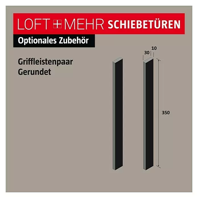 Room Plaza Loft + Mehr Griffleisten-Set - Schwarz matt, 350 x 30 mm, Rund - Gerundetes Griffleistenpaar für Schiebetüren, schwarz/dunkelgrau, 350x30x10mm.