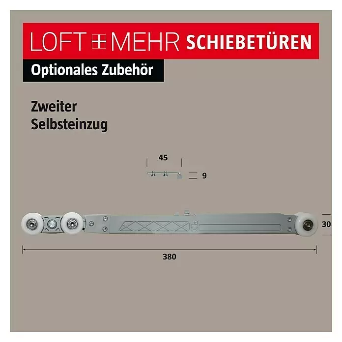 Room Plaza Loft + Mehr Selbsteinzug für Schiebetüren - Passend für: Room Plaza Loft + Mehr Schiebetüren - Grauer Gleittür-Selbsteinzug mit Rollen, 380 mm lang.