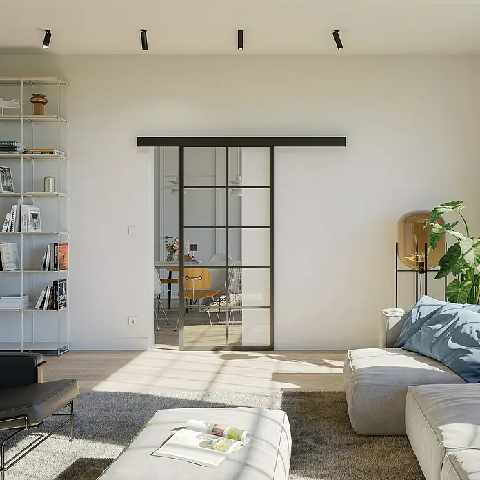 Room Plaza Loft + Mehr Klebesprosse - Schwarz matt, 2.400 x 20 x 3 mm - Helle Wohnung mit moderner Glasschiebetür. Das Design der Tür mit schwarzen Rahmen verleiht dem Raum einen eleganten Touch.