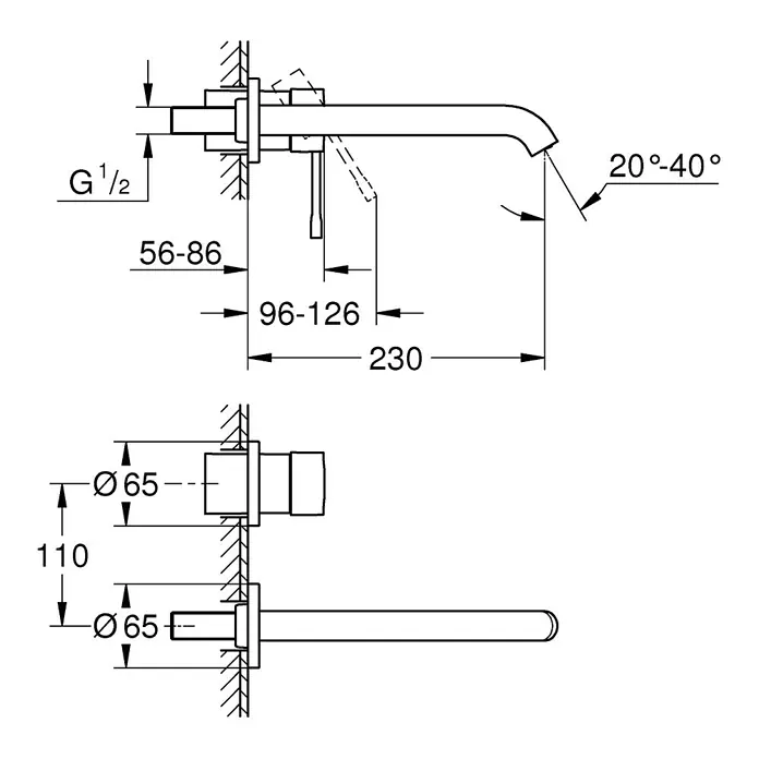 Grohe Essence Waschtischarmatur L - Wandmontage, Chrom, Glänzend - Technische Zeichnung einer stilvollen Wandarmatur mit detaillierten Maßangaben für Installation und Design.
