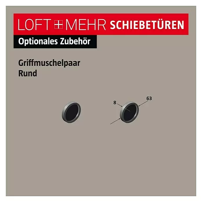 Room Plaza Loft + Mehr Griffmuschel-Set - Schwarz matt, Rund - Paar runde, dunkelgraue Griffmuscheln.