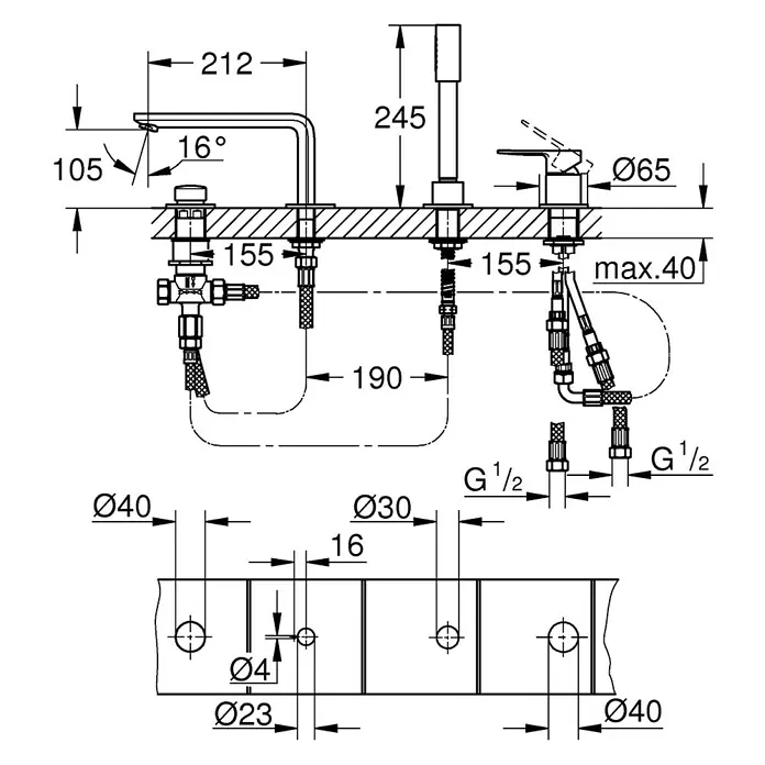 Grohe Lineare Badewannenrandarmatur - Chrom, Glänzend - Schema des Produkts mit Maßen und Angaben zu Anschlüssen.