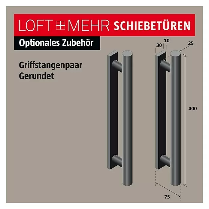 Room Plaza Loft + Mehr Griffstangen-Set - Schwarz matt, 400 x 25 mm, Rund - Paar gerundeter dunkelgrauer Metall-Griffstangen für Schiebetüren, mit Maßen. Optionales Zubehör.