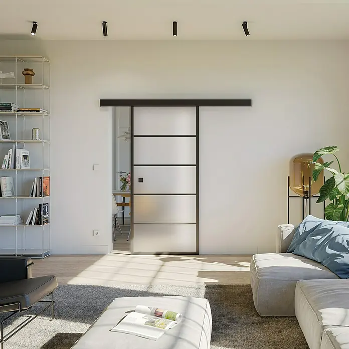 Room Plaza Loft + Mehr Klebesprosse - Schwarz matt, 1.000 x 20 x 3 mm - Schiebetür mit modernem Design und schwarzem Rahmen, die Eleganz und Funktionalität in den Raum bringt und eine flexible Raumnutzung ermöglicht.