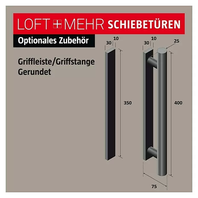 Room Plaza Loft + Mehr Griffstange / Griffleiste - Schwarz matt, 400 x 25 mm, Rund - Zwei dunkelgraue Schiebetürgriffe: ein flacher Griff und eine runde Griffstange, mit Maßen.