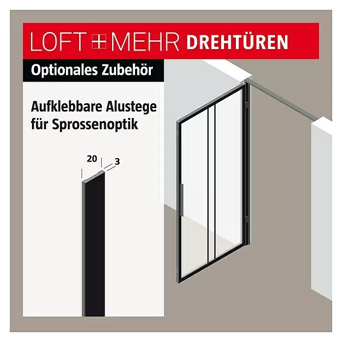 Room Plaza Loft + Mehr Klebesprosse - Schwarz matt, 2.400 x 20 x 3 mm - Aufklebbare schwarze Alu-Stege (20x3mm) für Sprossenoptik auf Drehtüren.
