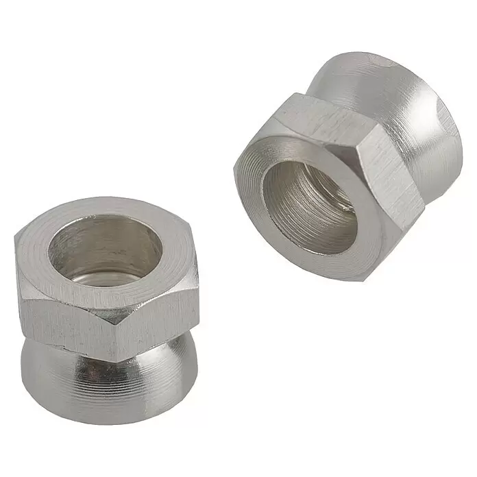 Suki Tuerca autoblocante A2 - M 8 - Dos tuercas metálicas plateadas con cuerpos hexagonales y bases abocinadas y redondeadas, mostrando la rosca interna.