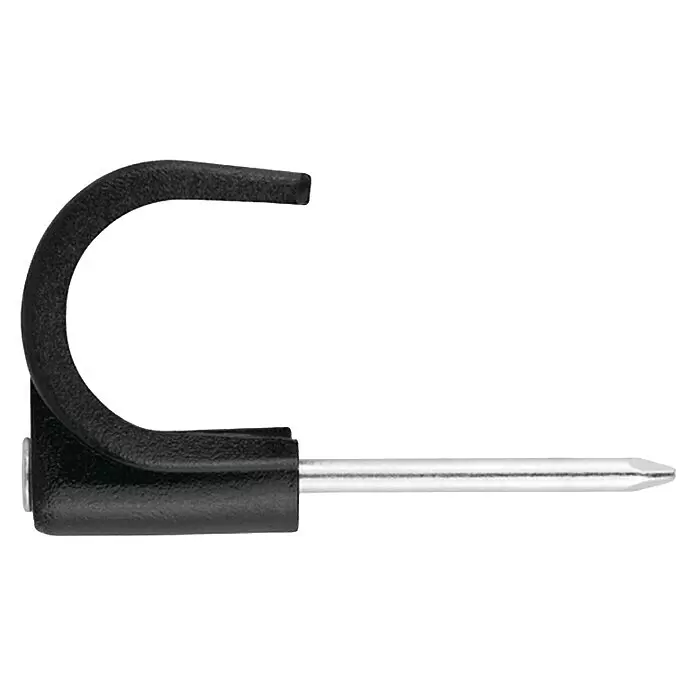 Grapa para cable - L x Al: 2 x 1 cm, Negro, 100 ud. - Abrazadera de cable de plástico negro con clavo metálico plateado integrado para fijación.