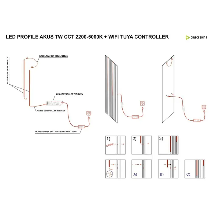 Direct Signs Lichtleiste CCT für Akustikpaneele - Länge: 101,5 cm, Lichtfarbe: Mehrfarbig, 12 W, 24 V - Produktabbildung eines LED-Profils AKUS TW CCT 2200-5000K mit WIFI TUYA Controller zur Verwendung in verschiedenen Installationen.