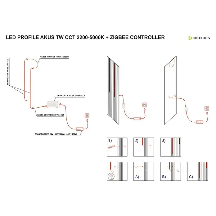 Direct Signs Lichtleiste CCT für Akustikpaneele - Länge: 101,5 cm, Lichtfarbe: Mehrfarbig, 12 W, 24 V - Schematische Darstellung eines LED-Profils AKUS TW CCT 2200-5000K mit Zigbee Controller und zugehöriger Verkabelung für optimale Beleuchtung.