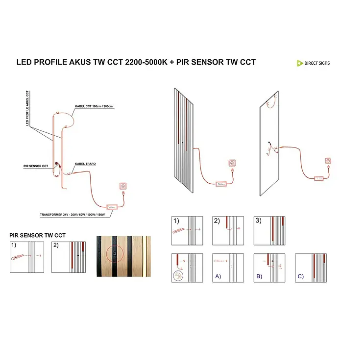 Direct Signs Lichtleiste CCT für Akustikpaneele - Länge: 101,5 cm, Lichtfarbe: Mehrfarbig, 12 W, 24 V - Produktdiagramm des LED-Profils AKUS TW CCT 2200-5000K mit PIR-Sensor, das die Installation und Verkabelung des Produkts zeigt.