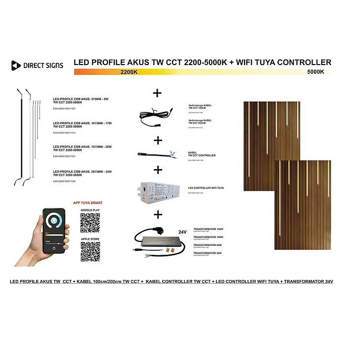 Direct Signs Lichtleiste CCT für Akustikpaneele - Länge: 101,5 cm, Lichtfarbe: Mehrfarbig, 12 W, 24 V - Abbildung der LED-Profil Akus TW CCT 2200-5000K mit WiFi Tuya Controller, mit verschiedenen Größen und Zubehör für individuelle Beleuchtungslösungen.