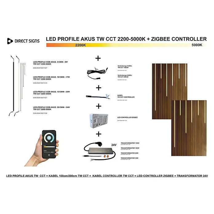 Direct Signs Lichtleiste CCT für Akustikpaneele - Länge: 101,5 cm, Lichtfarbe: Mehrfarbig, 12 W, 24 V - LED-Profil AKUS TW CCT 2200-5000K mit Zigbee Controller. Verschiedene Längen, Kabel, Controller und Transformator für individuelle Beleuchtungslösungen.